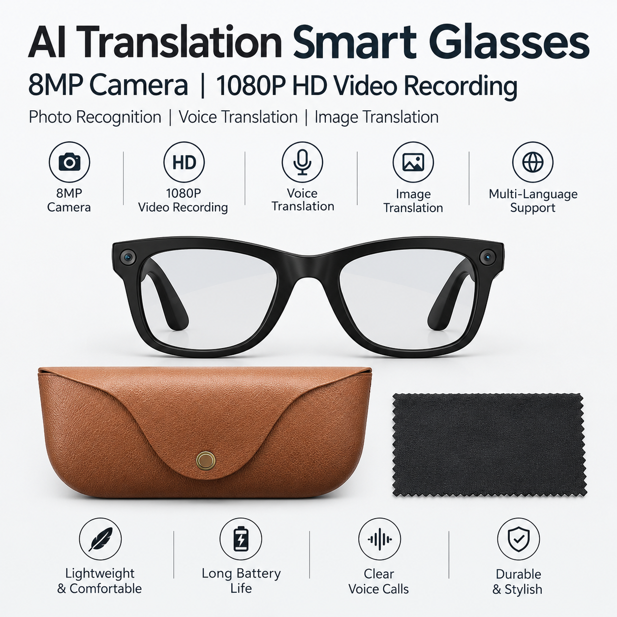 A-MT5 Ultra AI Smart Glasses – Video Recording, Photography, Real-Time Translation, Simultaneous Interpretation, and Bluetooth Music - Image 4